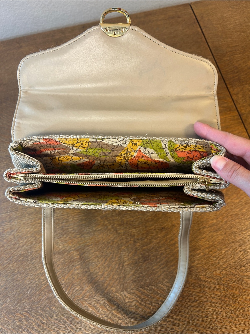 Vintage 50-60s Tweed Purse Gold Double Handle HTF Upholstery Like Handbag MCM - Picture 7 of 16